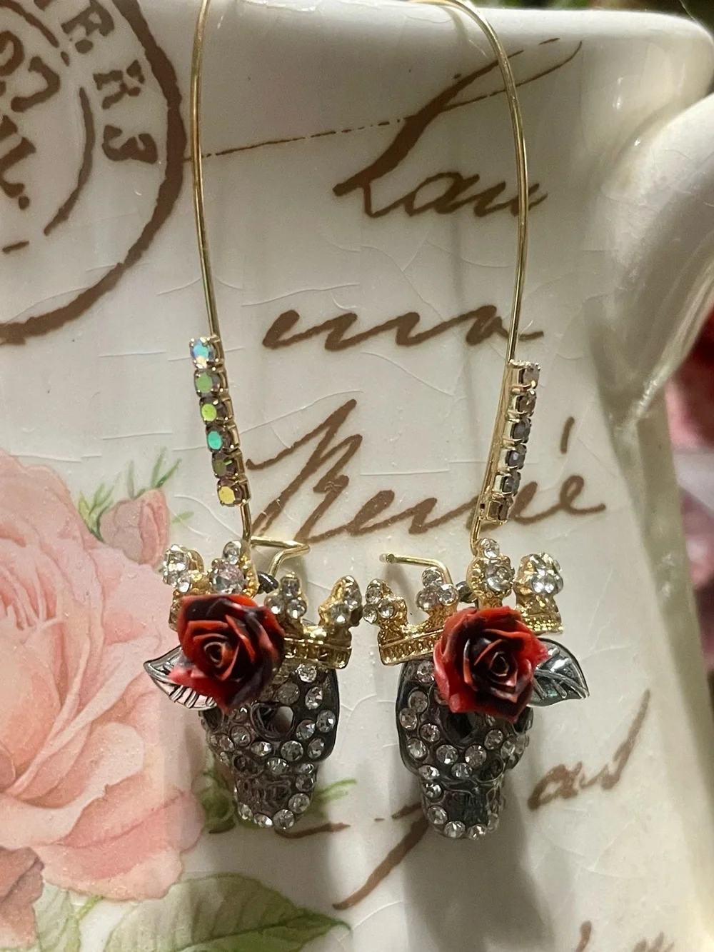 Hand Crafted Gold Crystal Skull Earrings with Red Rose